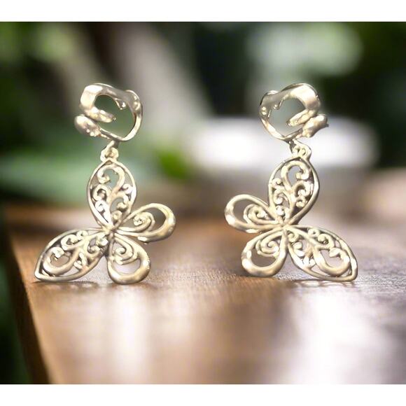 Clip on 1 1/2" silver and black cutout dangle butterfly earrings - Picture 3 of 4